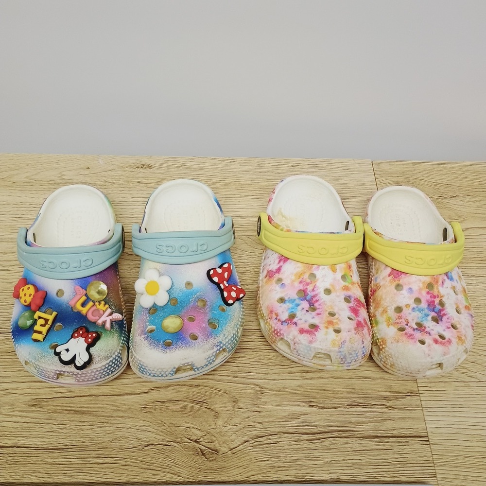 Lot 2 Crocs Kids Toddler Size 8 Clogs Multicolor Tie Dye Floral Slip On Shoes